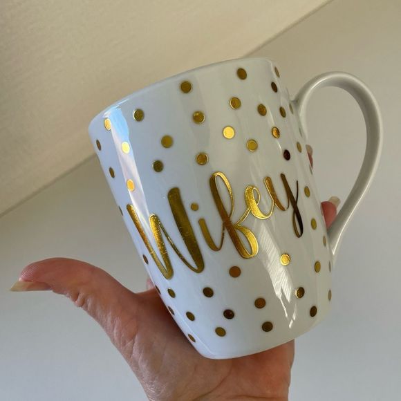WIFEY Coffee Mug, White with Gold Polka Dots, Ceramic, GUC, 12oz - Picture 2 of 7